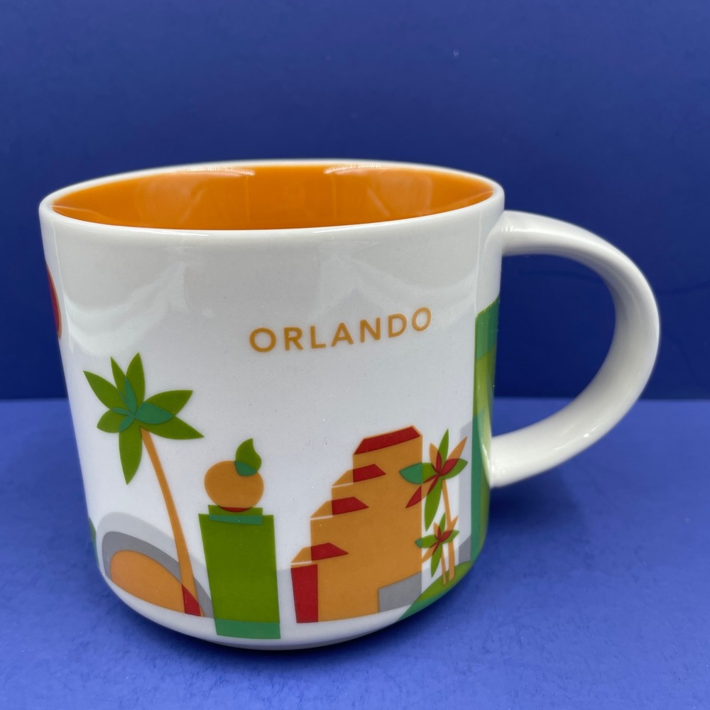 Starbucks You Are Here Orlando Mug 2015 Florida 14oz Coffee Cup White Orange